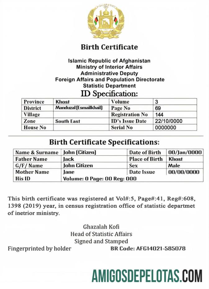 Em branco modelo PSD editável de certidão de nascimento de registro vital do Afeganistão, versão 2